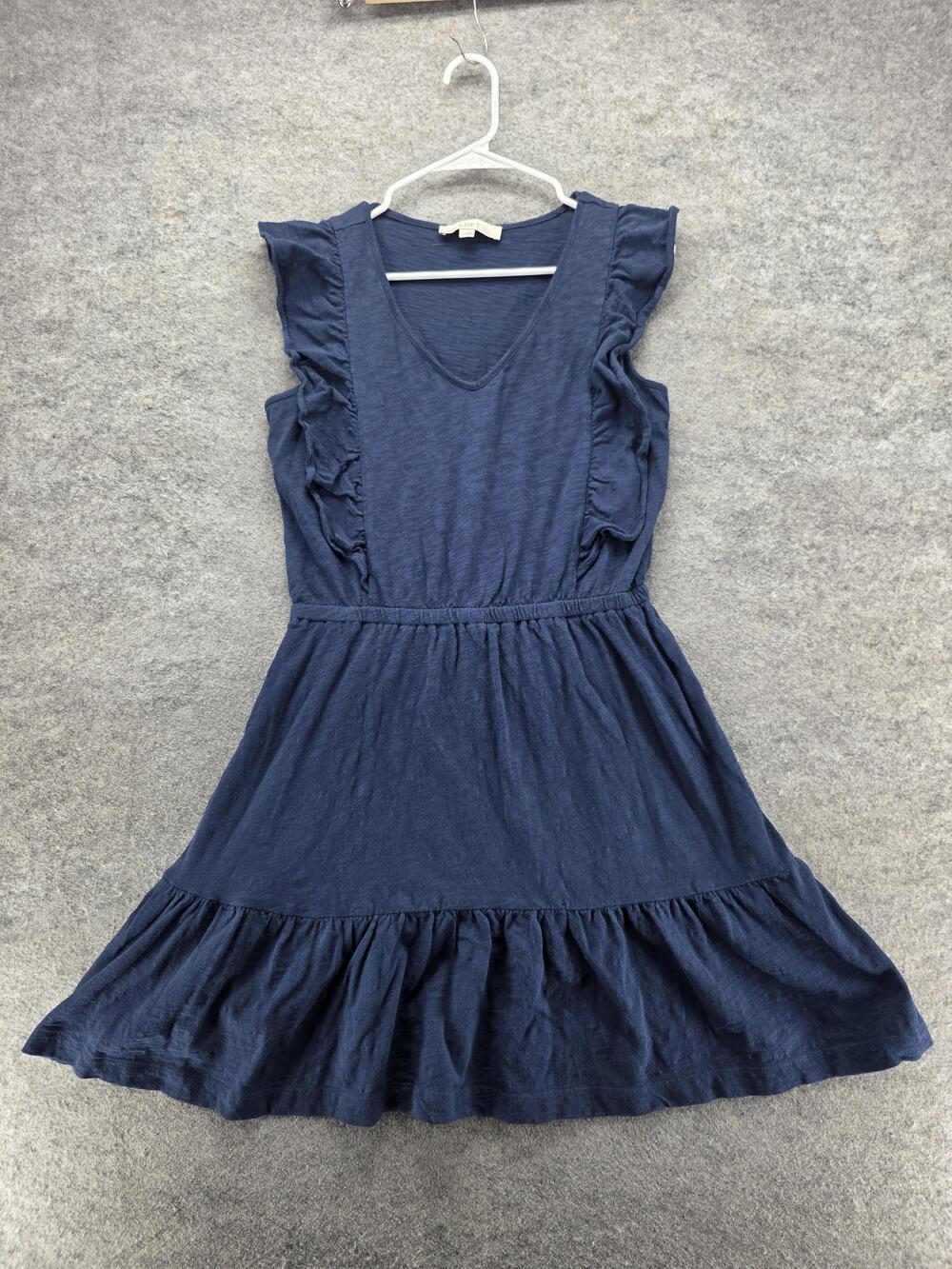 LOFT Dress Womens Medium Navy Ruffle Sleeve V Neck Elastic Waist Ruffle Hem
